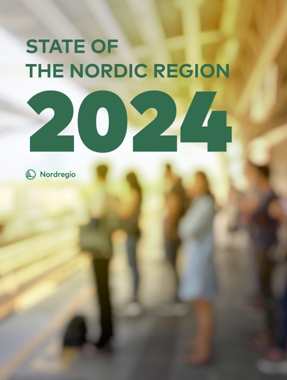 State of the Nordic Region 2024 in green text overlaid on an image of people waiting for a train on a sunny platform