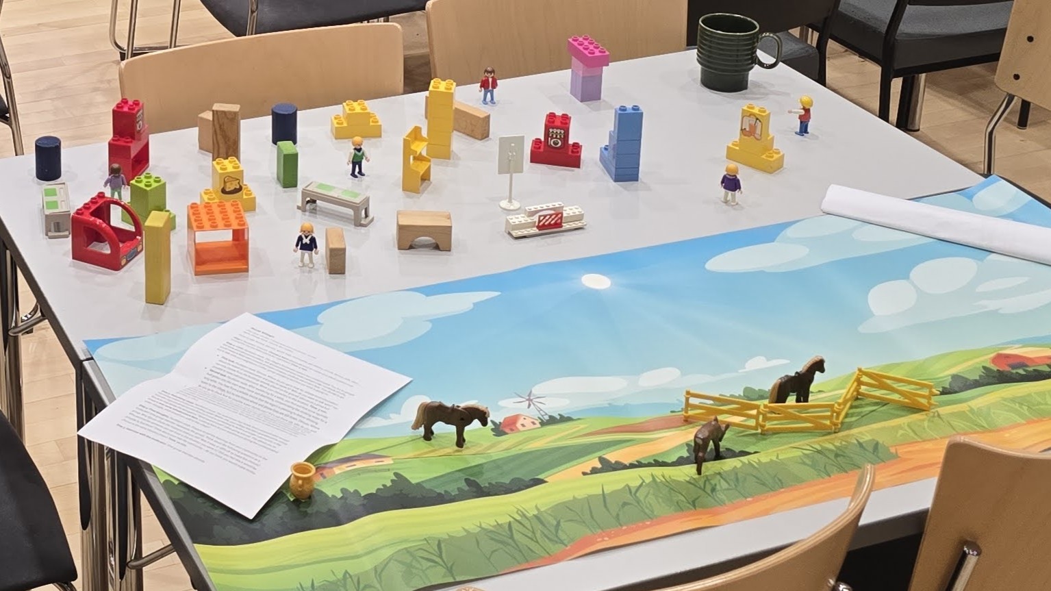 Workshop set up for a scenario game with play materials laid out on a table