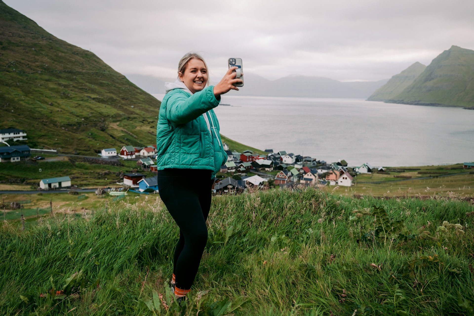Woman taking selfie on Faroe Islands