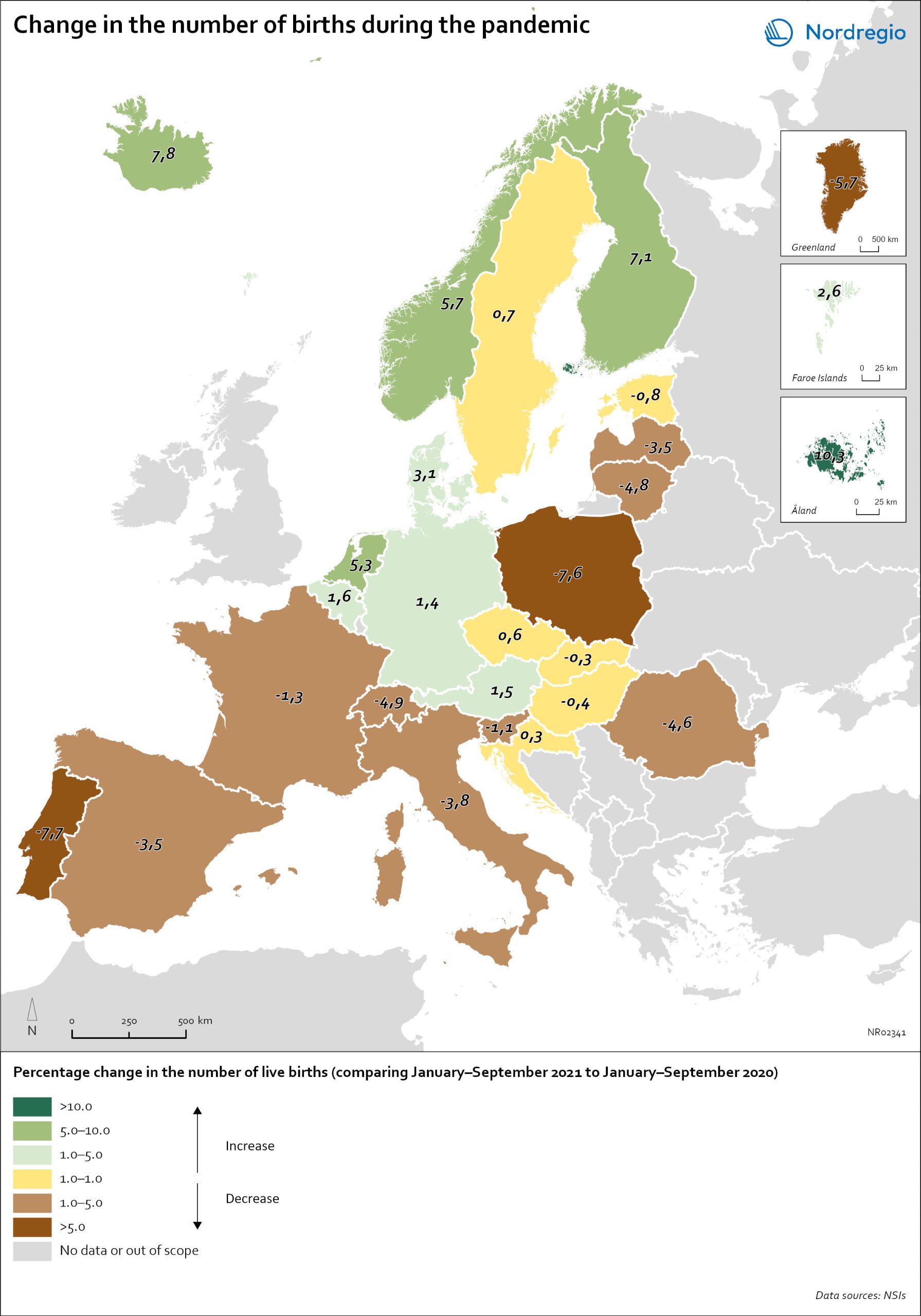 Change in the number of births in Europe Nordregio