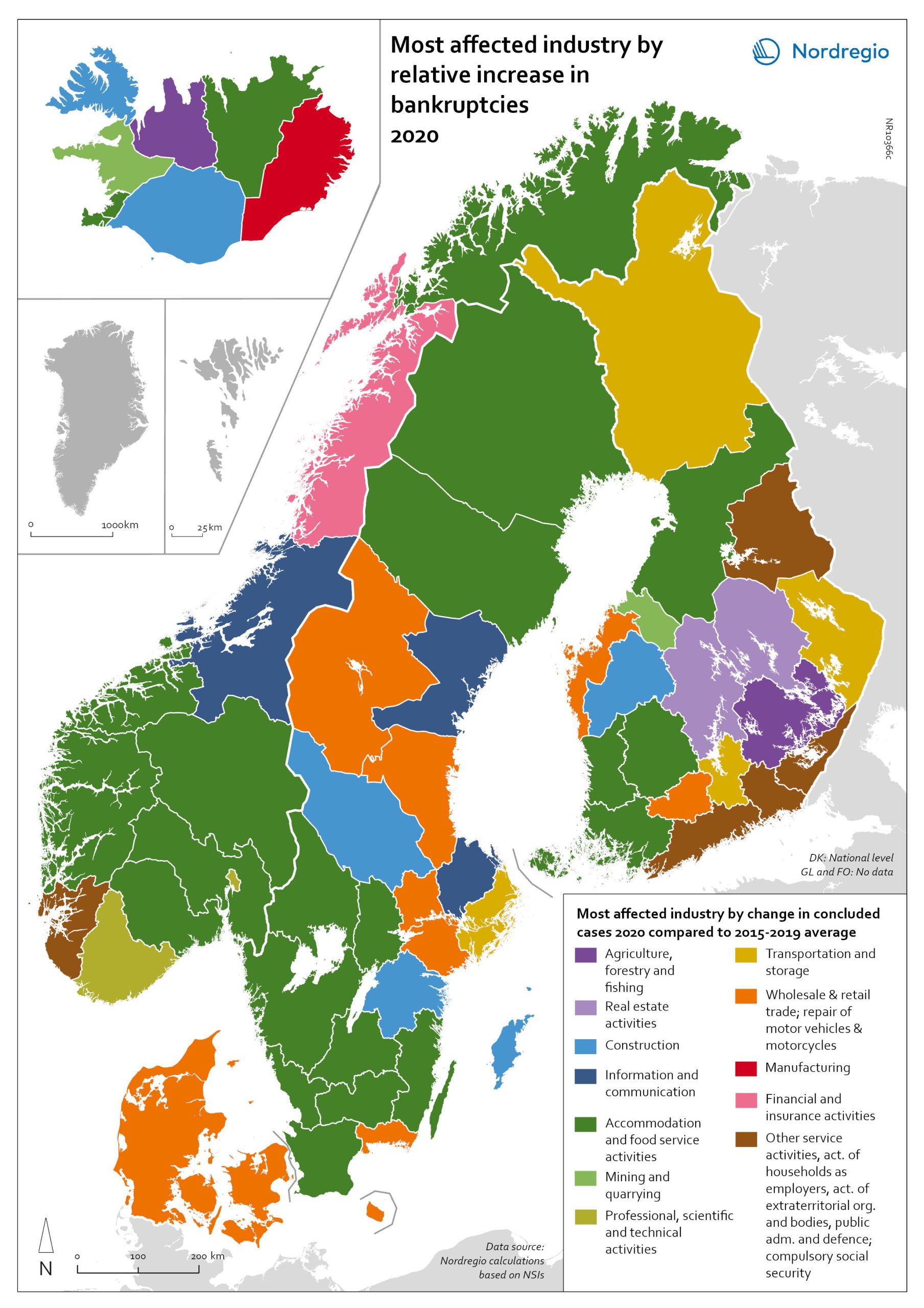 Bankruptcies in 2020 by industry and region Nordregio