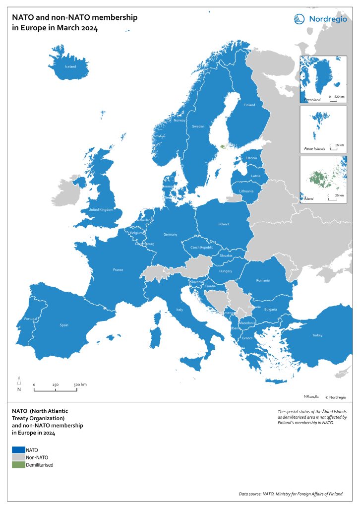 Map of Europe showing NATO member countries in blue and non-member countries in grey