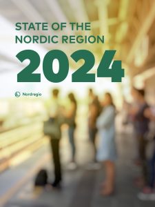 State of the Nordic Region 2024 in green text overlaid on an image of people waiting for a train on a sunny platfrom