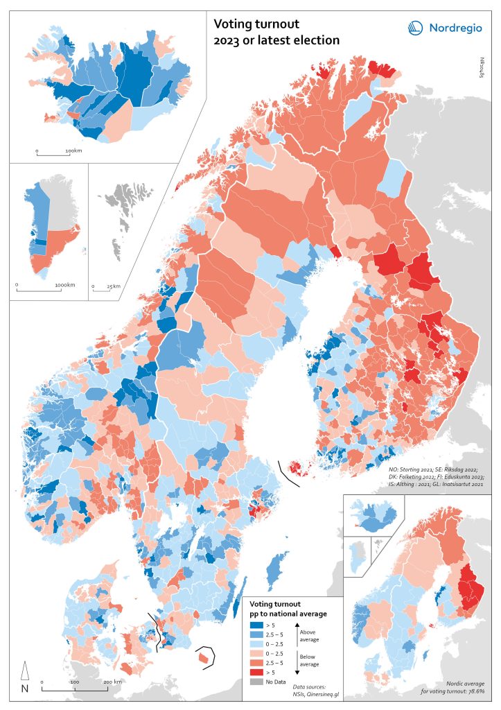 Map of the Nordic countries showing voting turnout across regions in elections