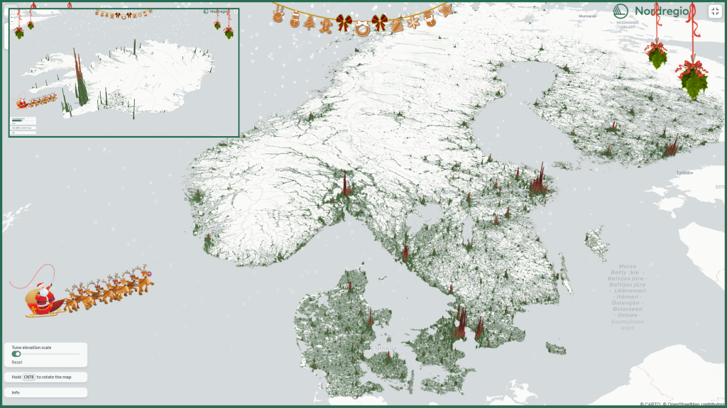 3D Christmas map of population data in the Nordics