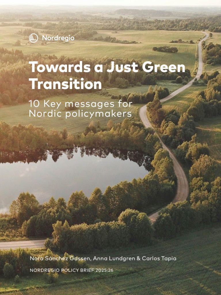 green landscape with a policy brief title: Towards a just green transition - 10 key messages for Nordic policymakers
